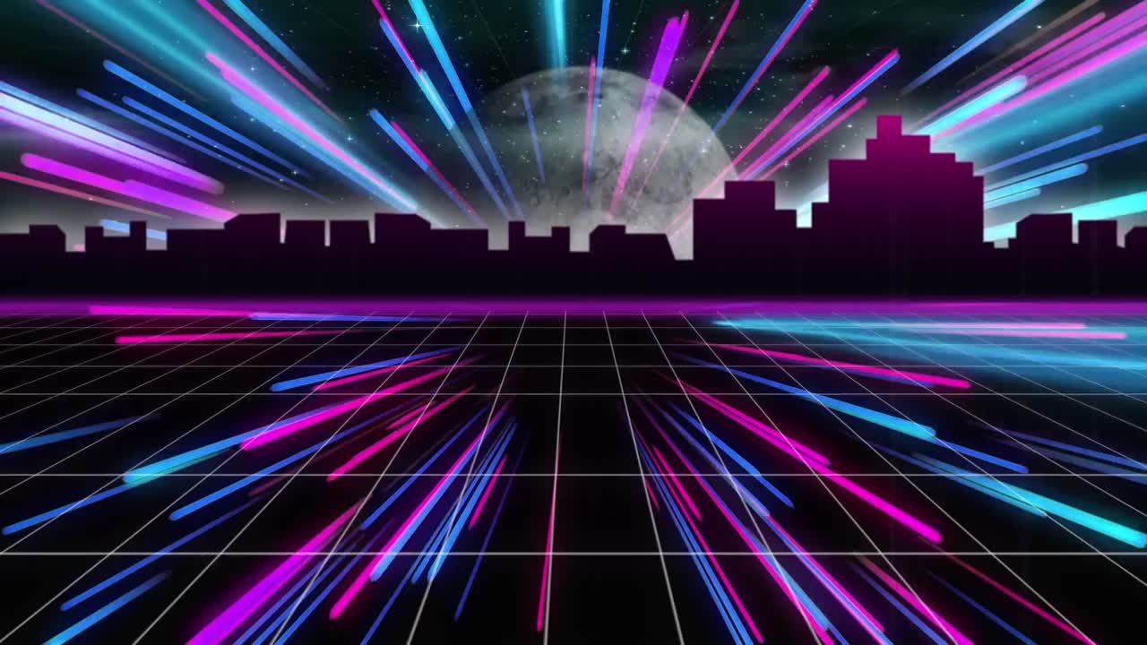 보라색 네온 빛 트레일과 검은색 배경의 행성 위의 도시 애니메이션