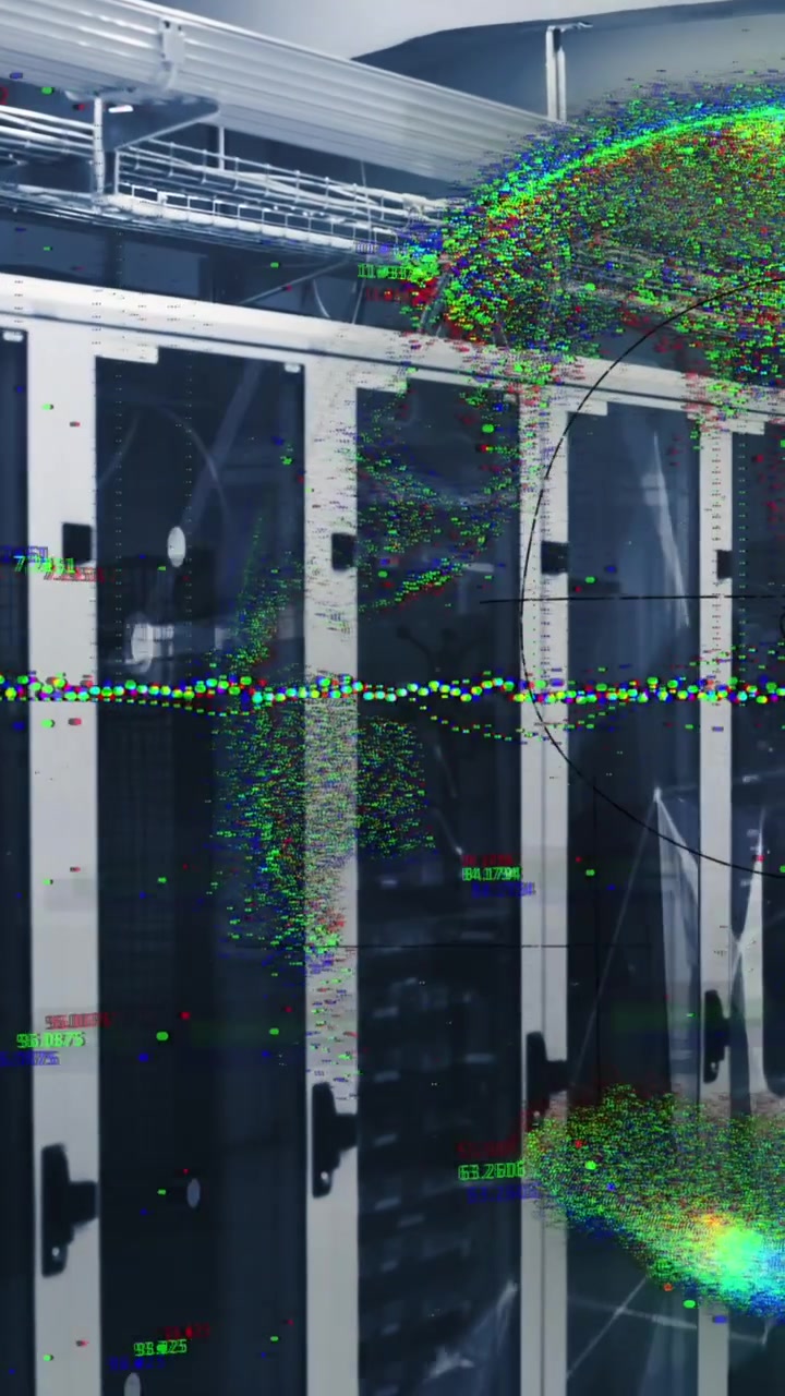 Animation einer Weltkugel und mathematischer Gleichungen über einem Serverraum.