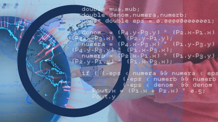 Animation of globe and data processing over man using smartphone