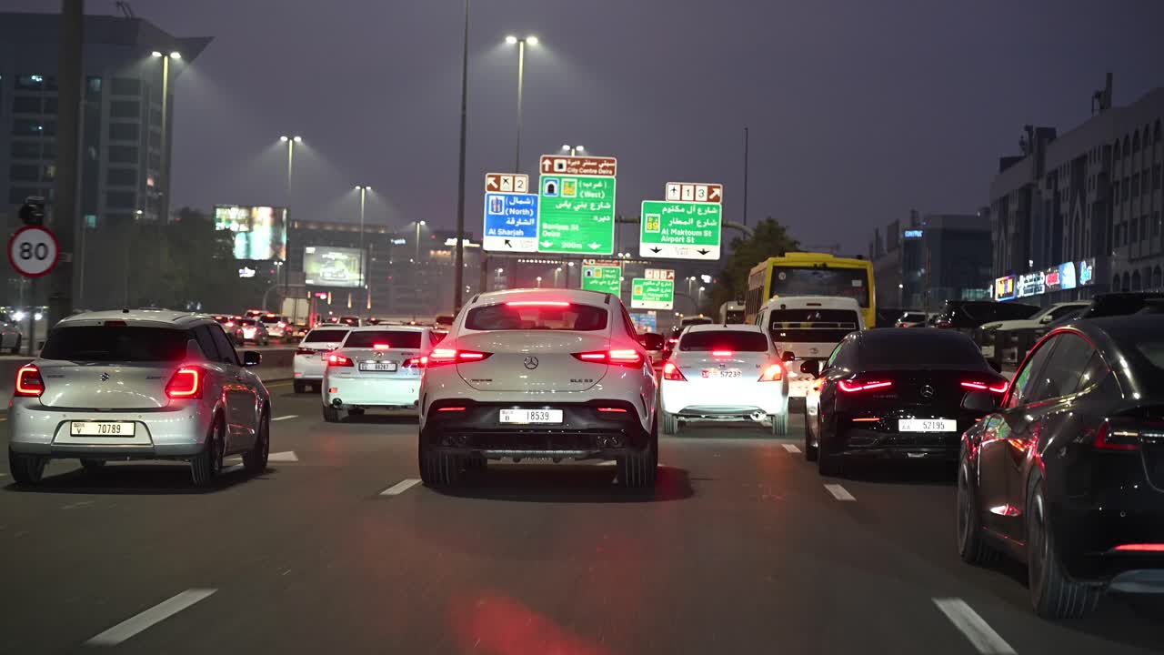 Evening rush hour brings slow-moving traffic to the streets of Dubai, UAE