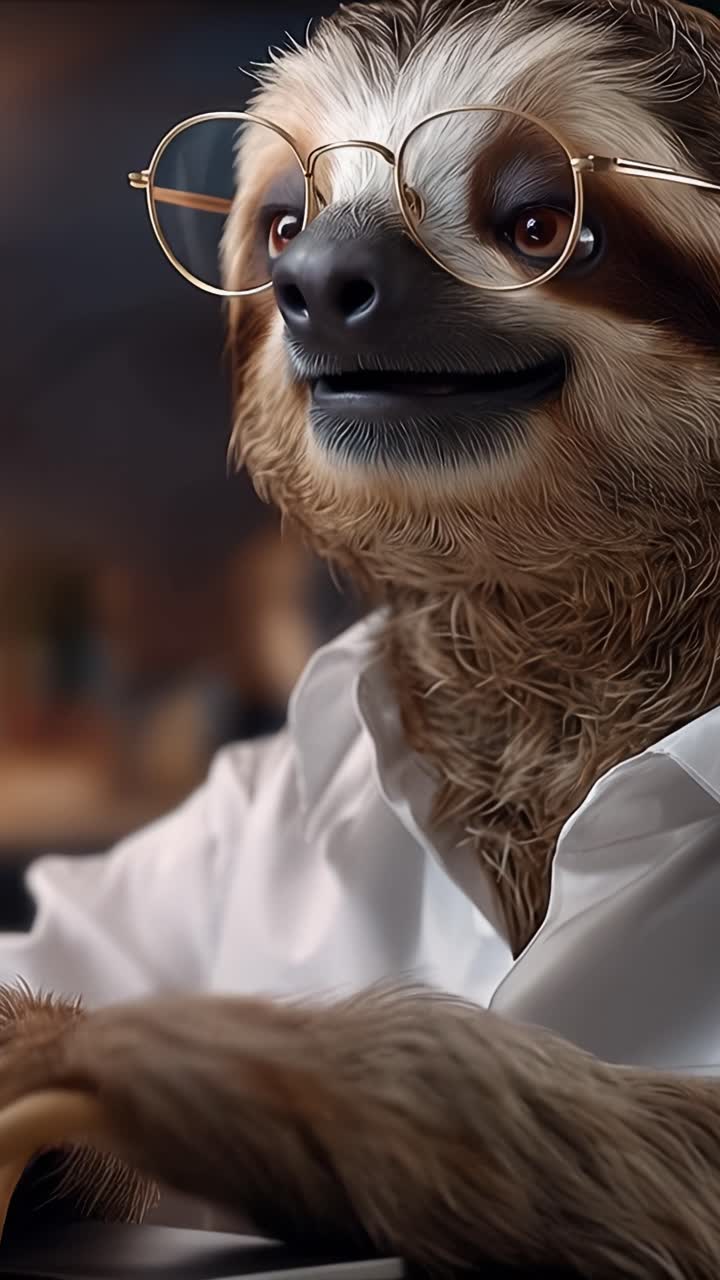 Um charmoso personagem de preguiça, usando óculos e uma camisa branca, exibe uma expressão pensativa enquanto se dedica a uma atividade tranquila em um ambiente quente e aconchegante.