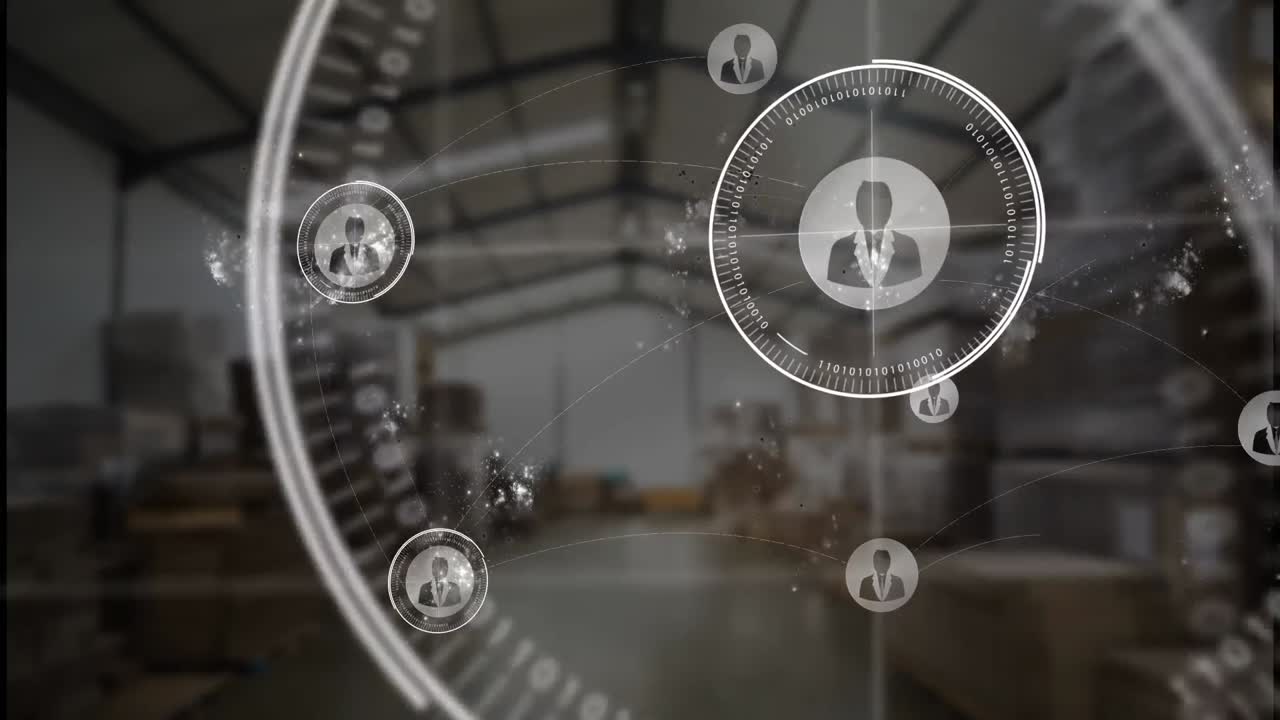 창고에 대한 둥근 스캐너를 통해 여러 프로필 아이콘의 애니메이션