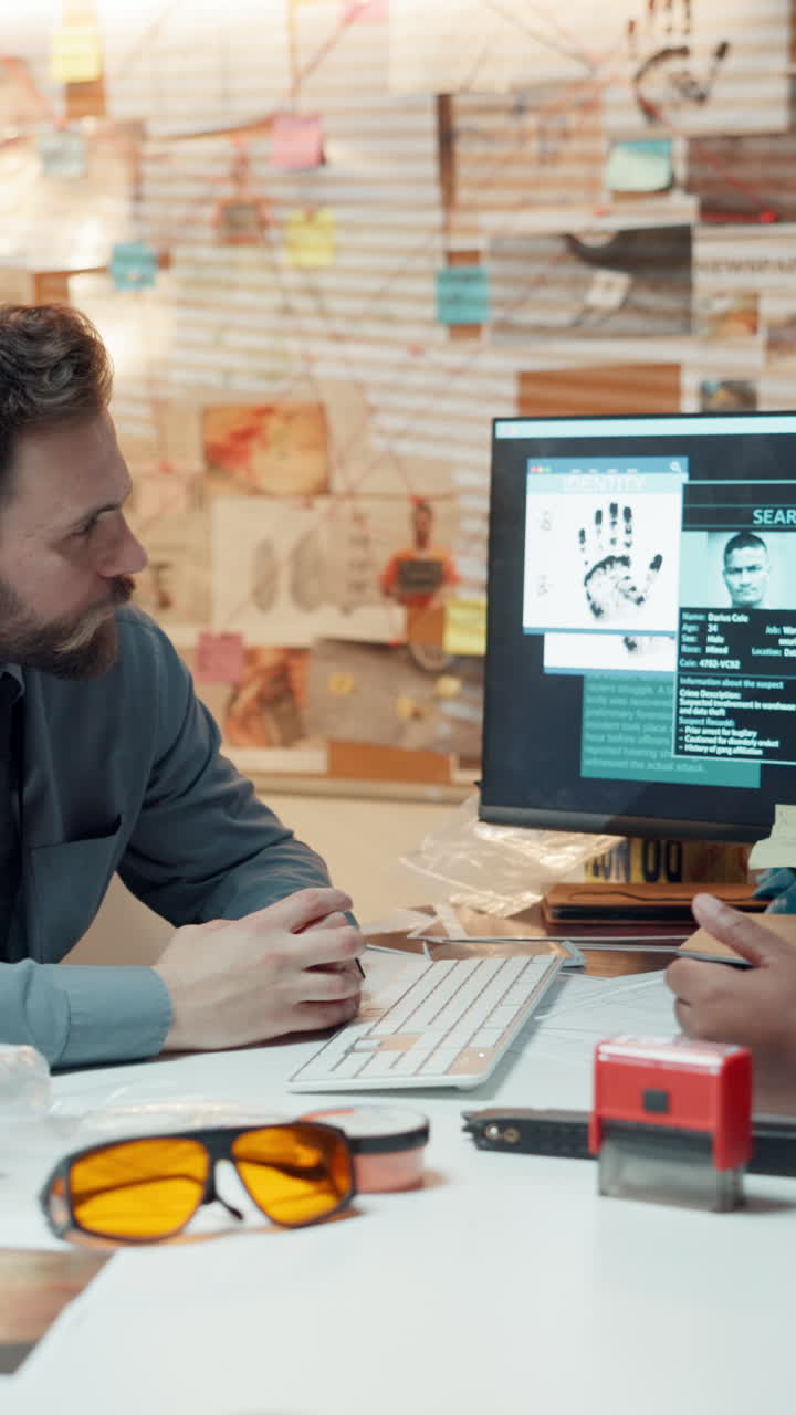 Two Detectives Discussing Forensic Evidence on Computer Screen