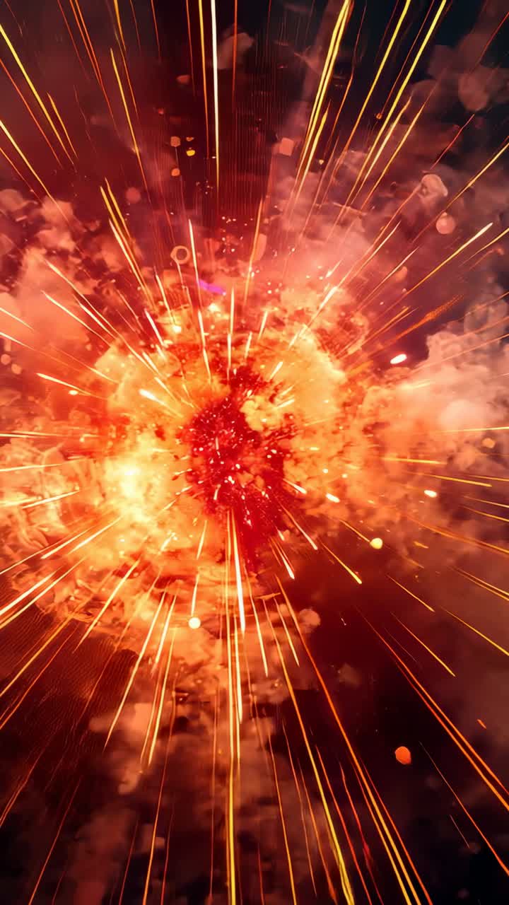 Vertical video: Igniting central fireball expanding in void, sending radial streaks and embers