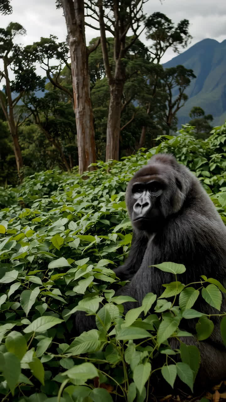 Un gorilla seduto tra una fitta vegetazione verde con alberi e montagne sullo sfondo