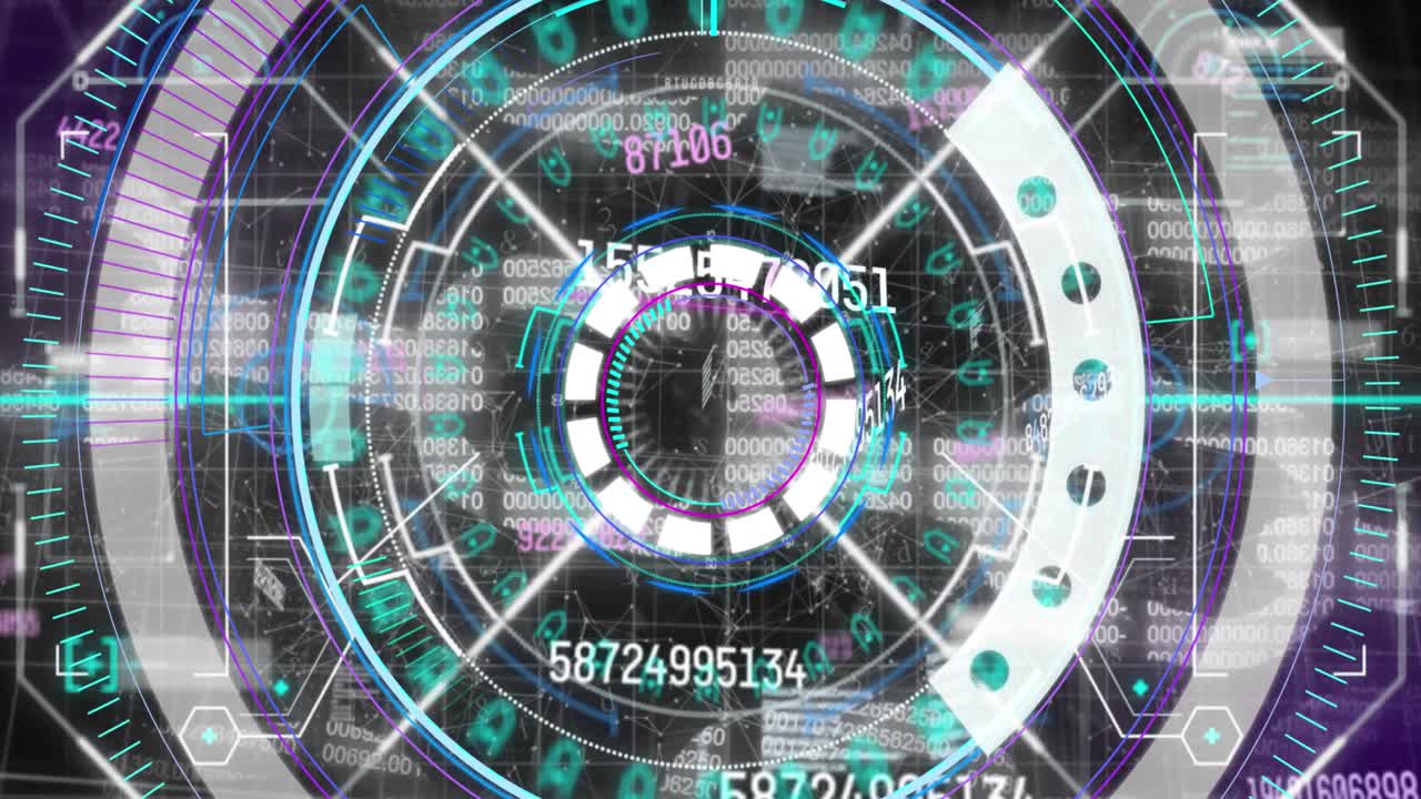 Animation of numbers, processing circle and financial data on digital screen