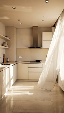 Sunlit Modern Minimalist Kitchen Interior with Flowing Curtains