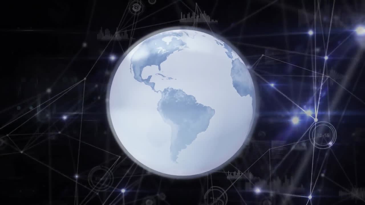 추상적인 배경 위에 선과 그래프 아이콘으로 연결된 점 위에 지구의 애니메이션