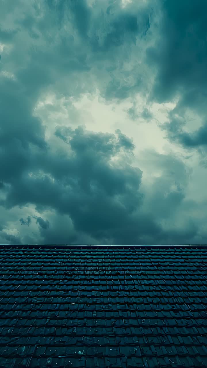 Vertical video: Closing bright gap sending clouds over roof and tiles, bringing rain