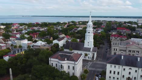 An-orbiting-drone-shot-showing-off-Charleston's-skyline-and-St