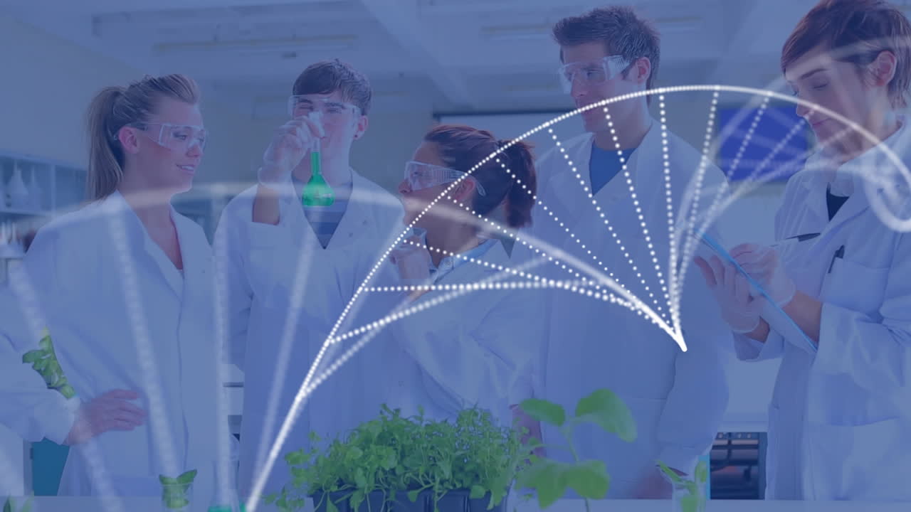 анимация нити днк, вращающейся над учеными в лаборатории