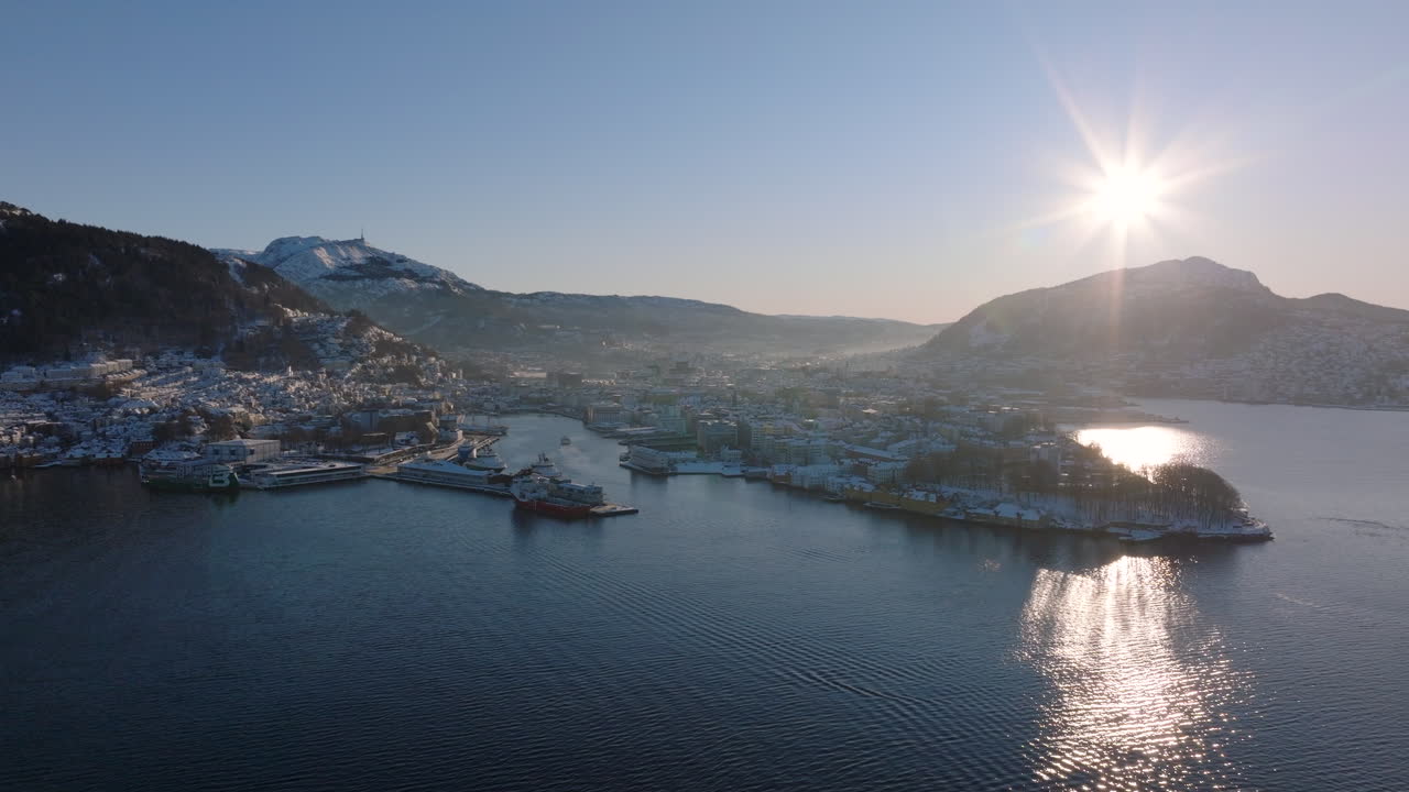 Establishing shot of Bergen and the surrounding mountains on a sunny winter day