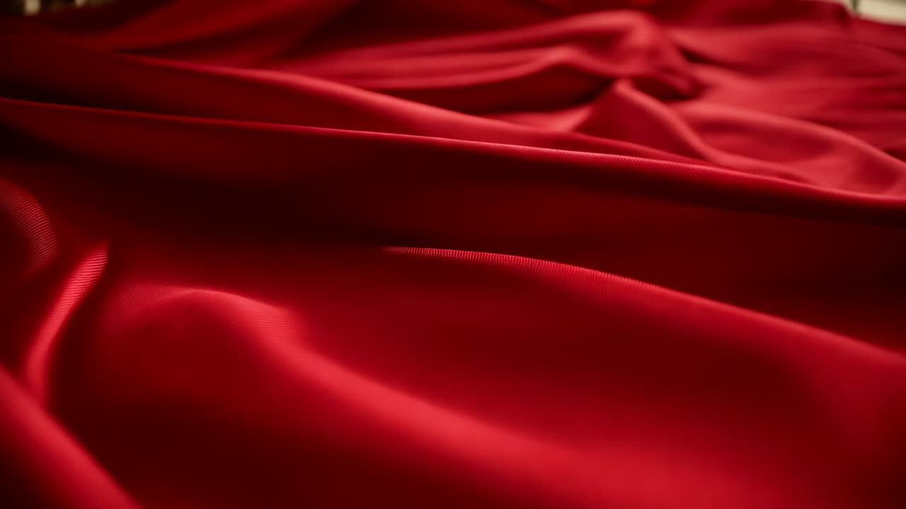 Foglio di raso rosso cangiante che forma pieghe lucide sulla superficie del letto, mosso da un leggero movimento della camera