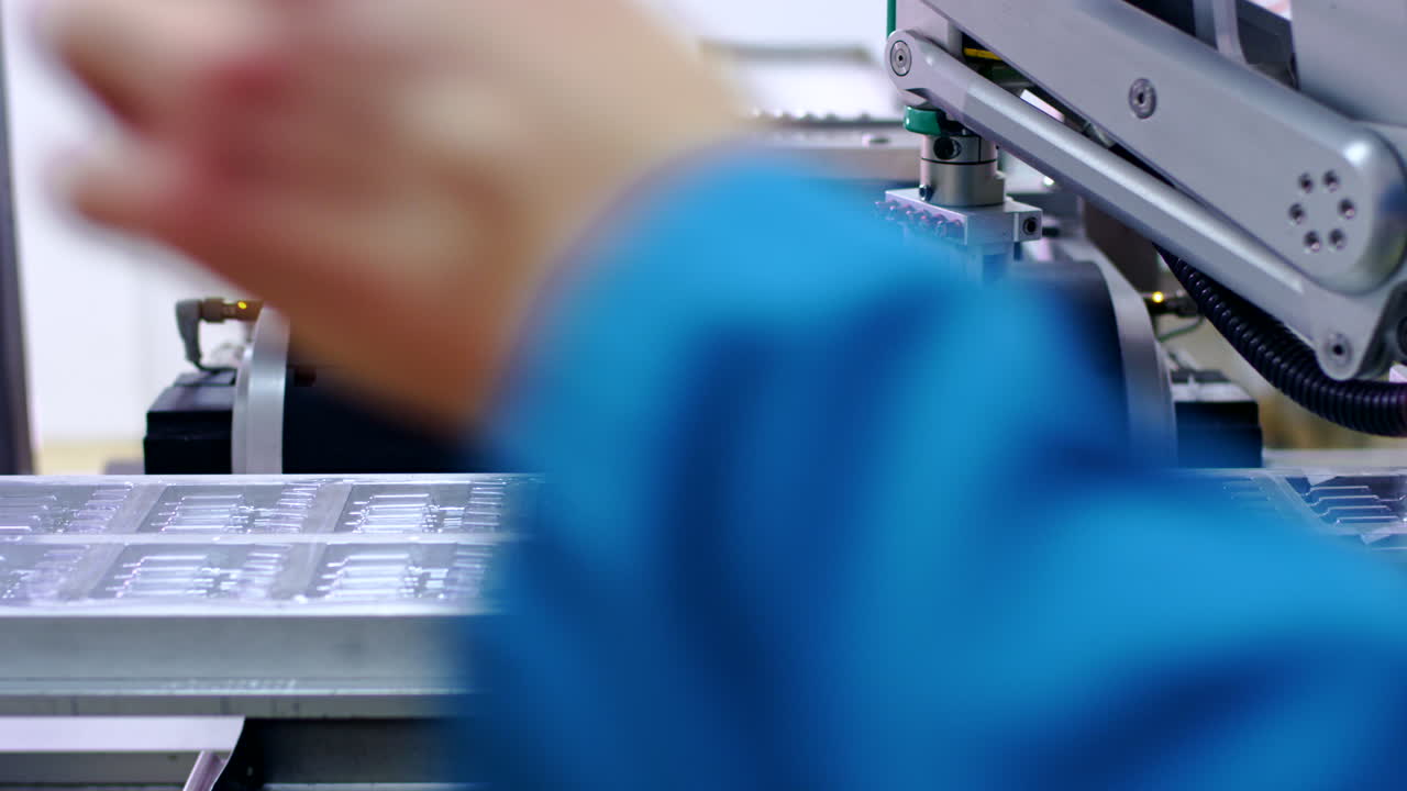 trabajador de una fábrica que instala equipos farmacéuticos en una línea de producción médica