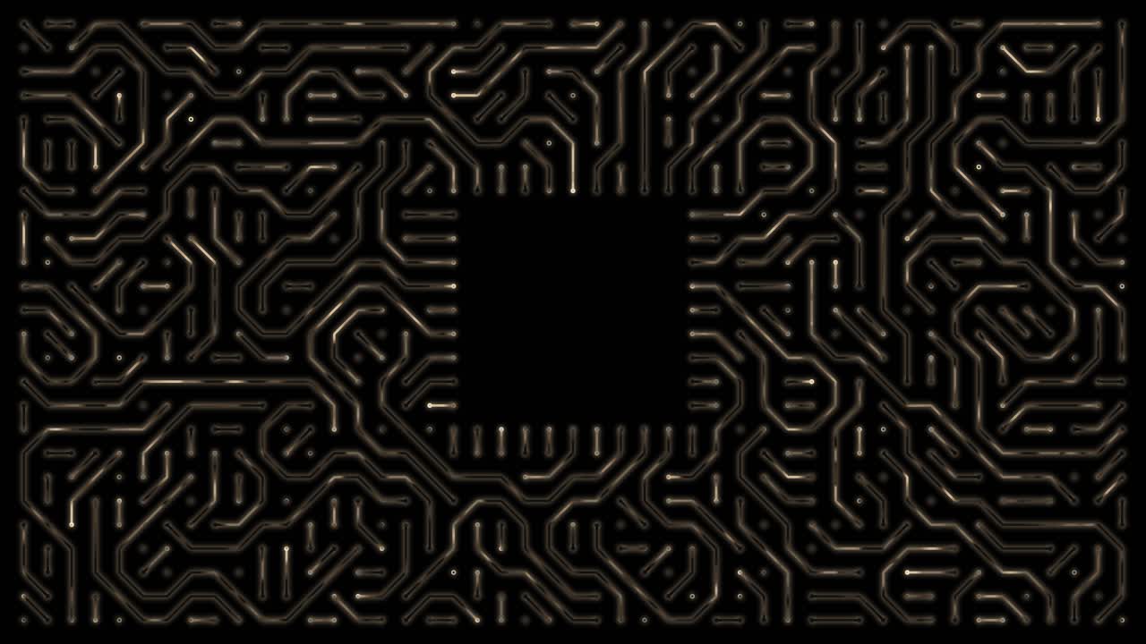Golden electronic circuit board with energy or electricity visibly flowing through complex pathways surrounding a central negative space