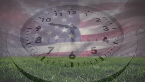 animation of clock and flag of america over low angle view of grass and empty stadium