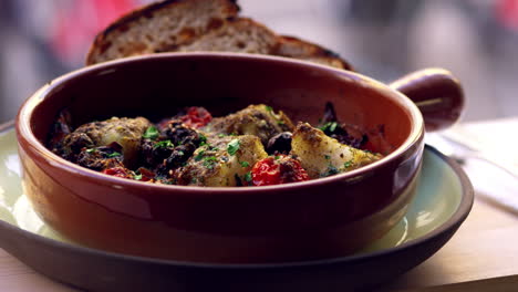 cod and chorizo bake with sourdough bread by window, pan