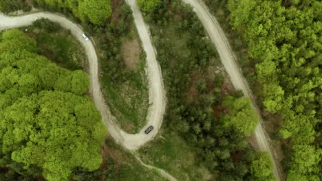 Aerial-straight-down-shot-of-car-on-curvy-road-between-green-rhodope-mountains-in-summer