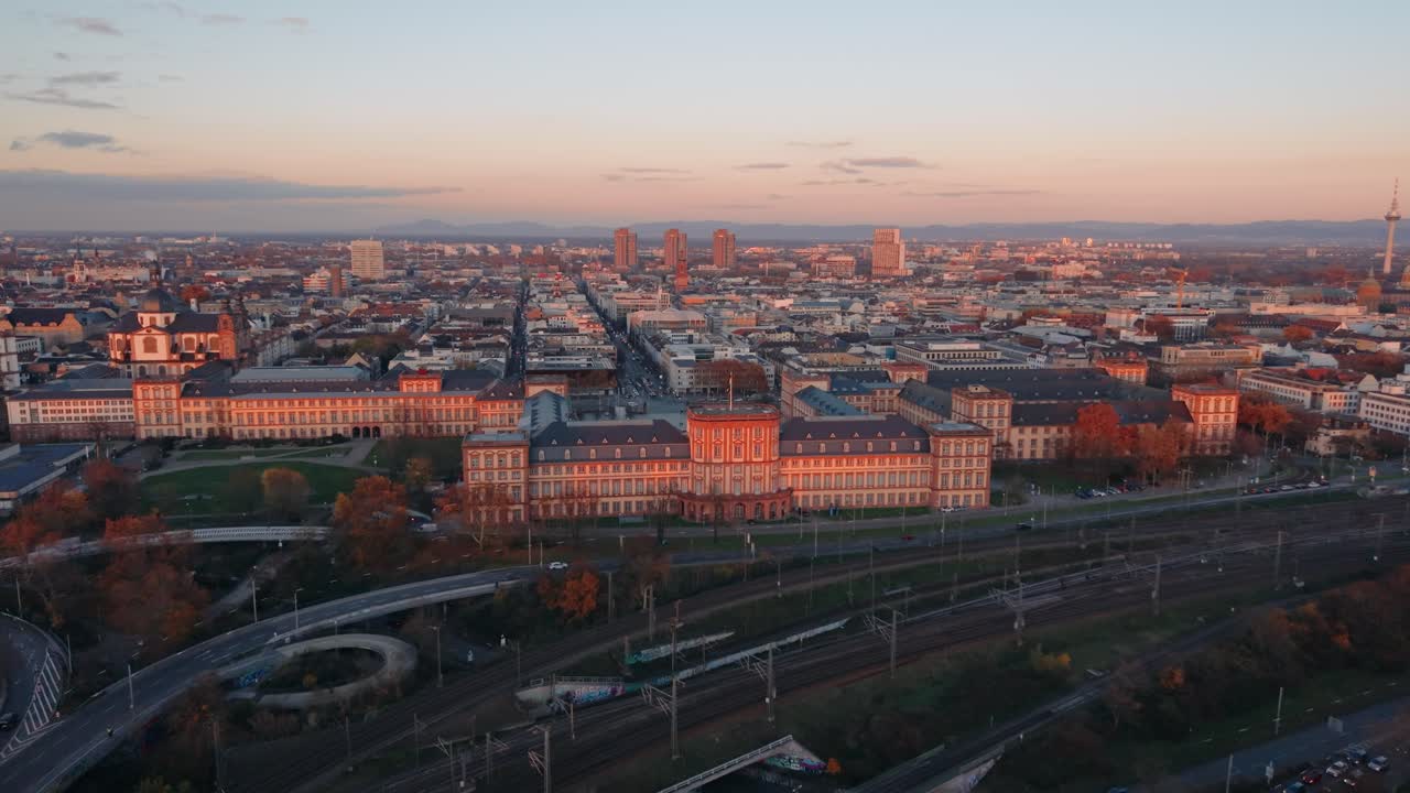 Close Aerial Detail of Mannheim Palace: Tracking Shot along the Magnificent Baroque and Classicist Facade of the Historic University Building, Germany