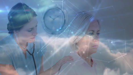 medical provider leaning over patient, digital network overlay linking nodes, stethoscope and clock