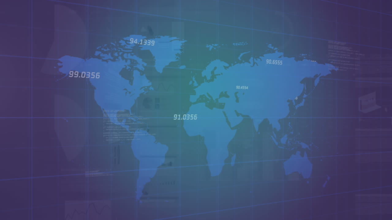 animación de números e interfaz infográfica sobre el patrón de cuadrícula y el mapa contra un fondo azul