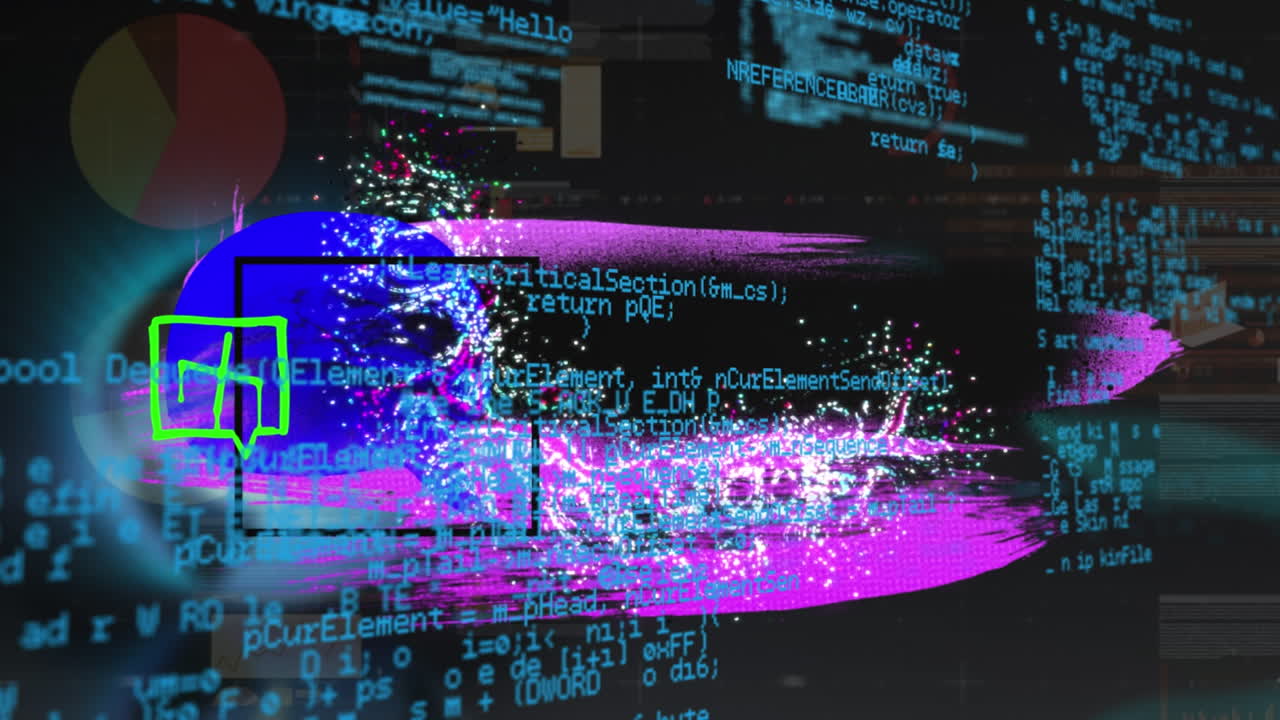 Animation of data processing and icons over black background