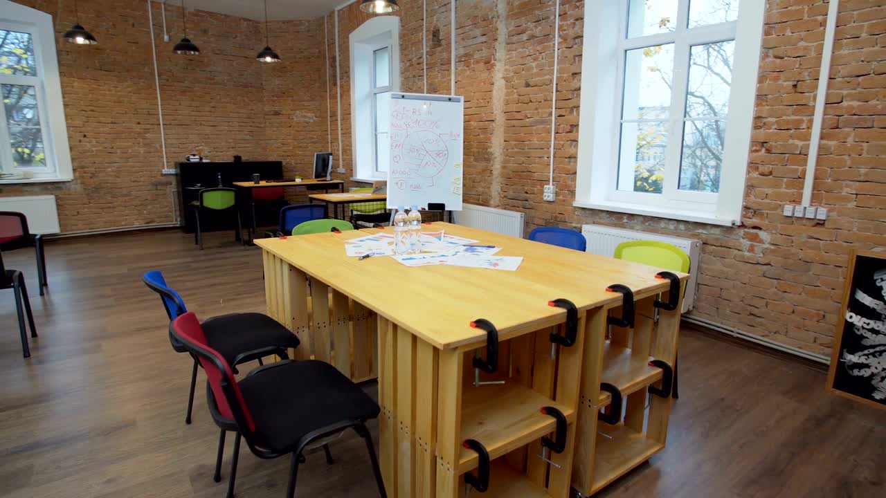 Modern Office Interior. Empty office trendy loft apartment warehouse conversion steadicam walk through around boardroom table