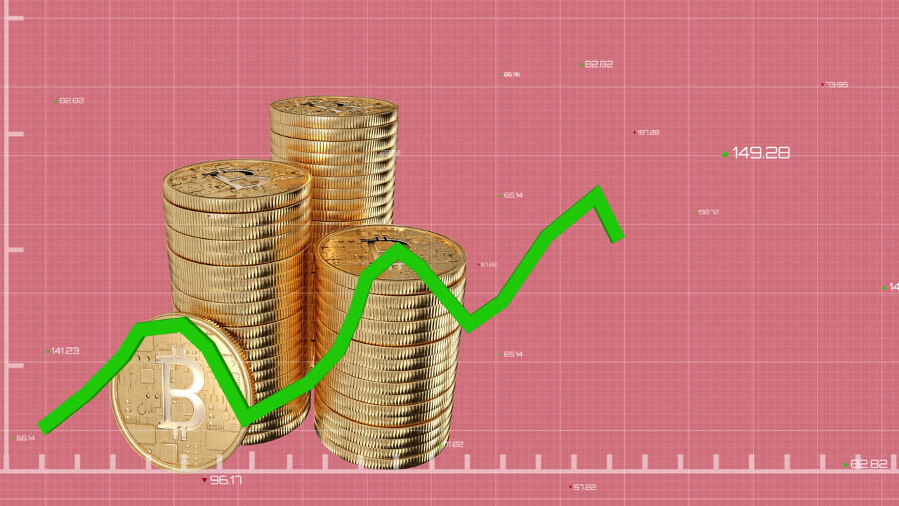 Grafico verde in movimento sopra una pila di Bitcoin, su sfondo rosa.