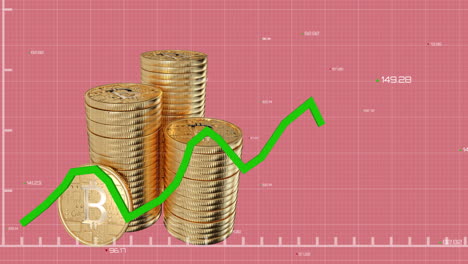 gráfico verde moviéndose sobre la pila de bitcoins contra un fondo rosado.