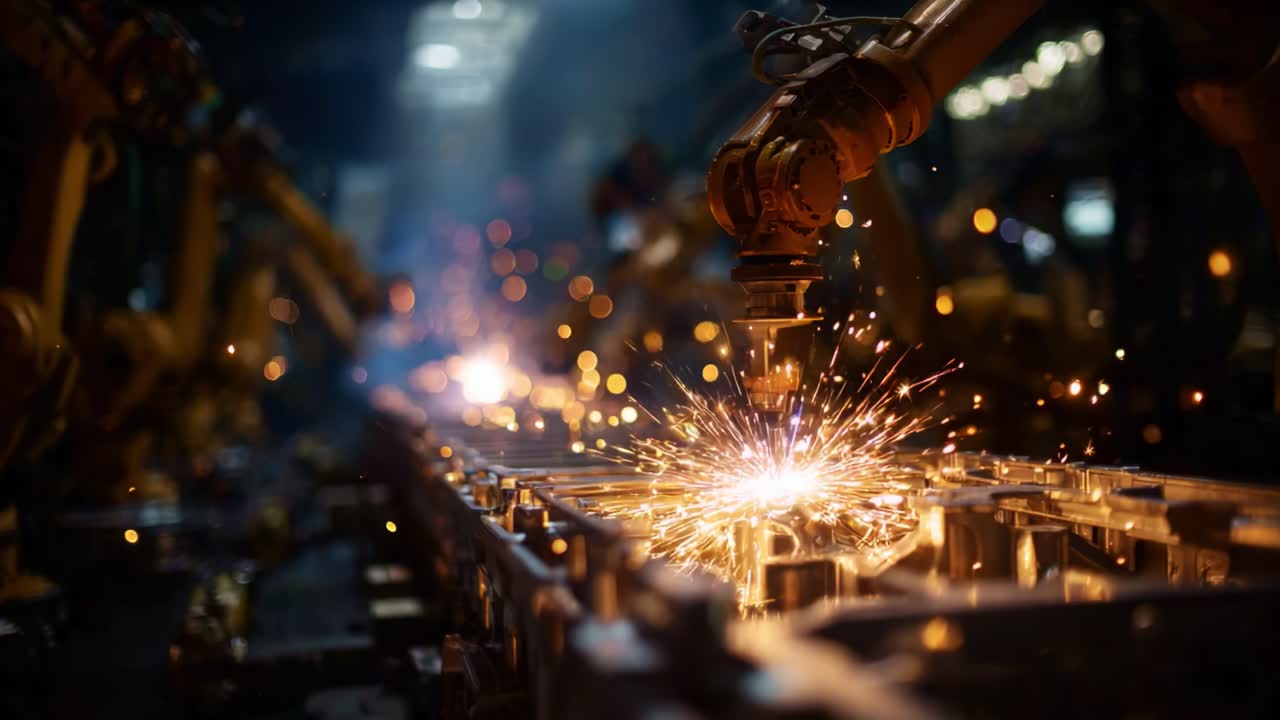 Close-Up of Industrial Robotic Arm Welding, Emitting Sparks in a Modern Manufacturing Environment, Showcasing Advanced Automation and Precision Engineering