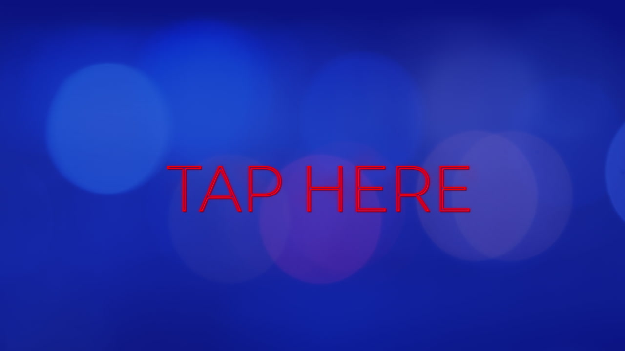 animación de toque aquí texto sobre puntos de luz en fondo azul