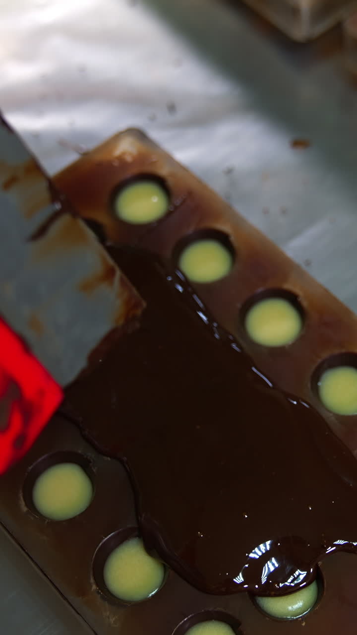 Chocolatier pours black melted chocolate on the filled molds. Gloved hand spreads the chocolate with big spatula. Close up. Vertical video