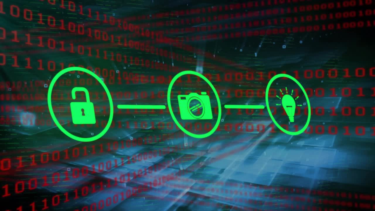 Red binary rolling causing icon chain emerging linking unlocking camera bulb glowing showing access