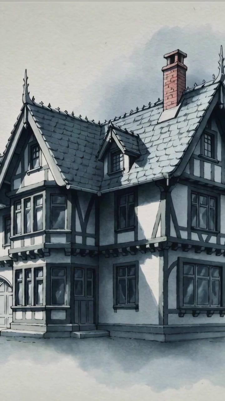 Vertikales Video: Langsamer Schwenk nach rechts, der ein Tudor-Dach, einen Schornstein und Erkerfenster hervorhebt.