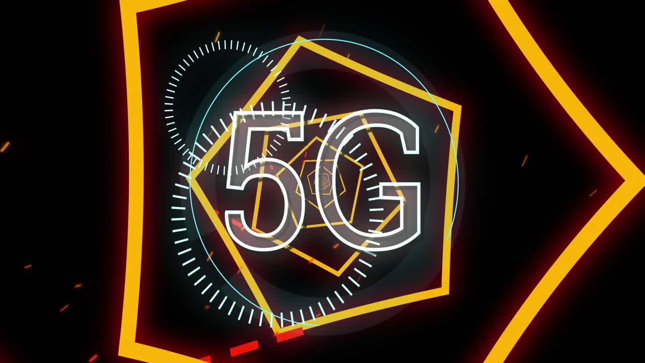 검은색 배경에 대한 5g 텍스트의 애니메이션을 네온 노란색 육각형 터널에서 원활한 패턴으로