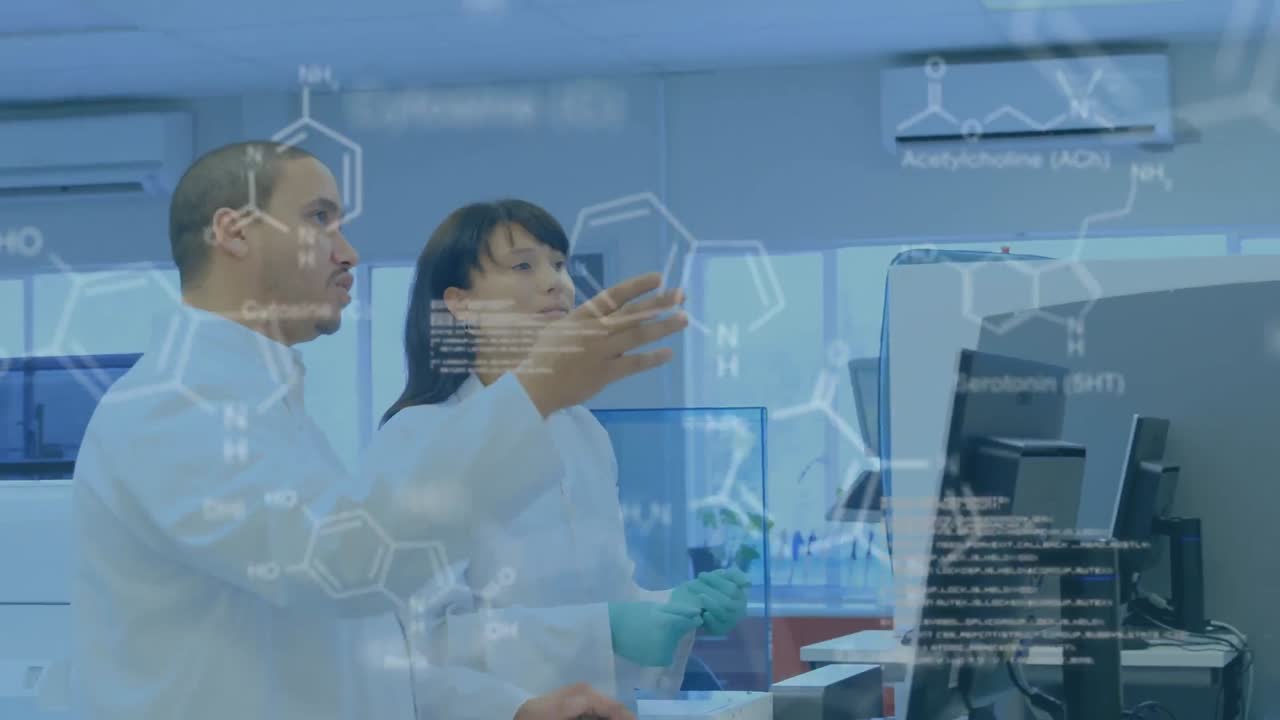 animación del procesamiento de datos científicos sobre diversos científicos en el laboratorio