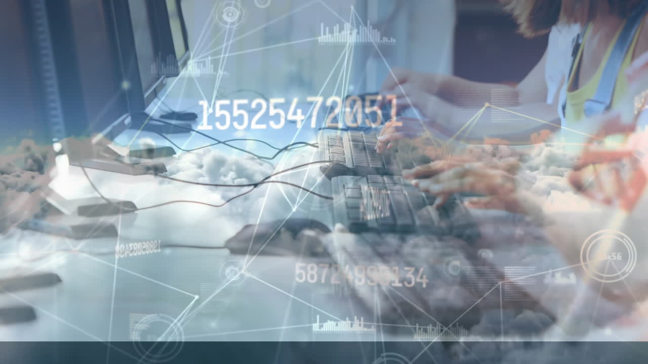 Animation of numbers changing and data processing over children using computers