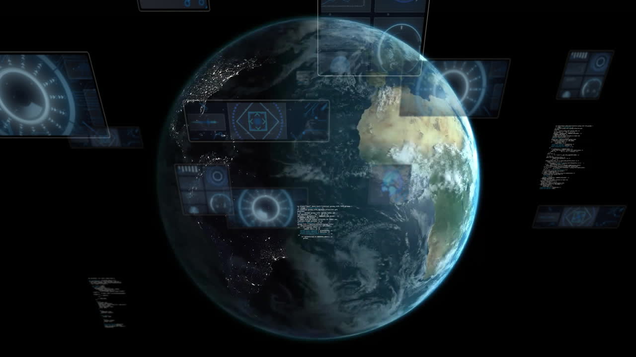 Rotating Earth in space with digital animation showcasing global connectivity interfaces