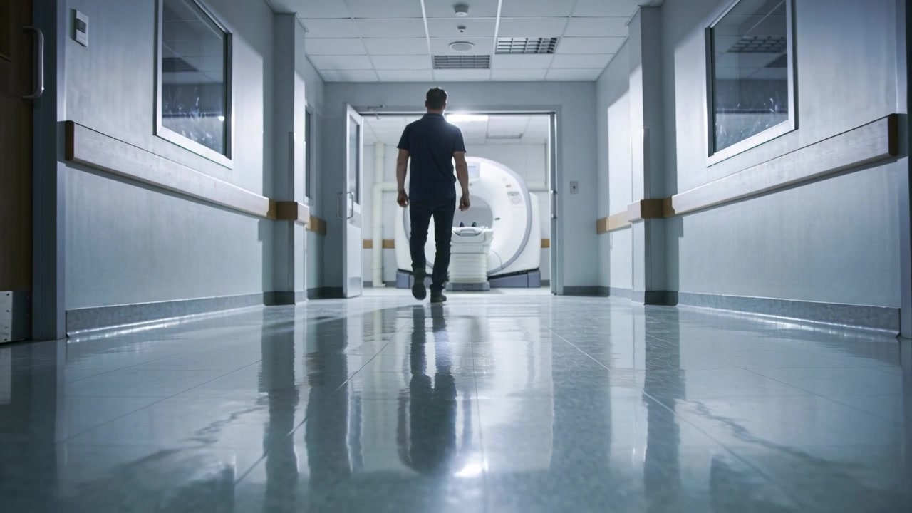 Homem caminhando com roupas escuras, atraído por uma porta aberta, seguindo pelo corredor do hospital em direção ao tomógrafo.
