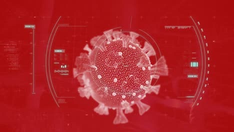 Animation-of-virus-cell-over-scope-scanning-and-data-processing-on-red-background