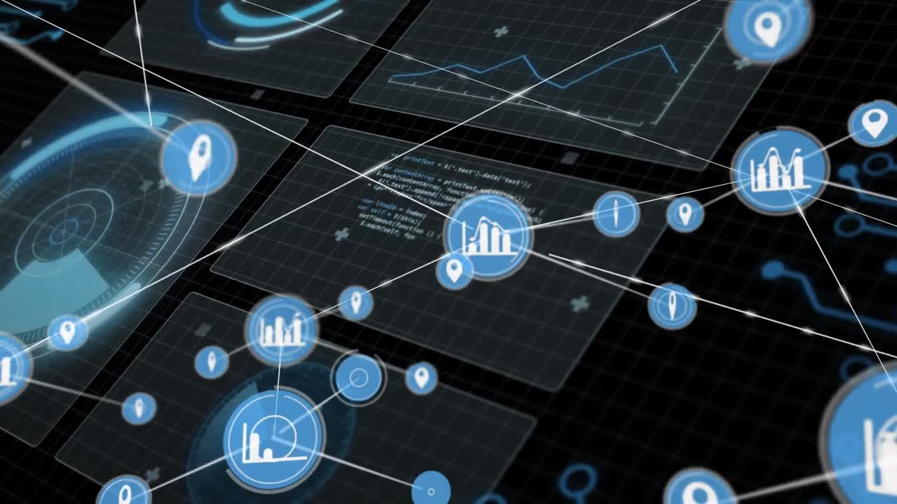 Animation of network of connections with icons over data processing