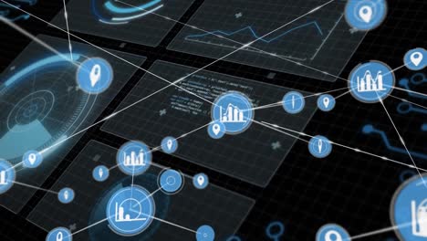 animación de la red de conexiones con iconos sobre el procesamiento de datos