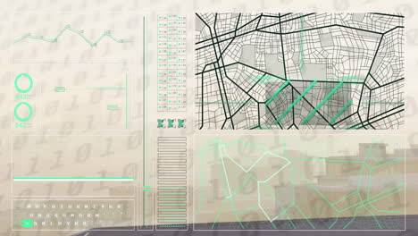 animación de la interfaz con procesamiento de datos y codificación binaria contra la vista aérea del paisaje urbano