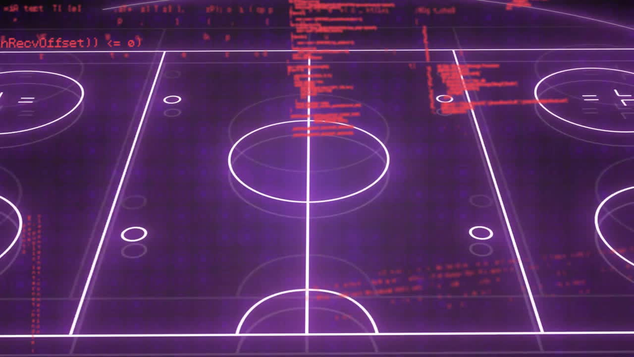 Animation of data processing over sports field on purple background