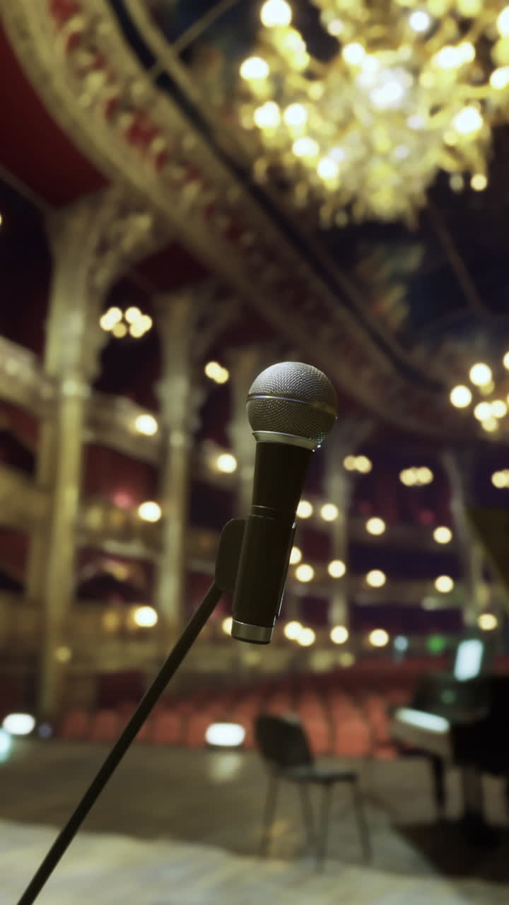 Interno di un teatro riccamente decorato con microfono e pianoforte