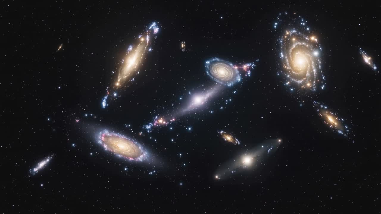 Showing galaxy group shifting light and bridge during deep-space pan with golden and bluish spirals
