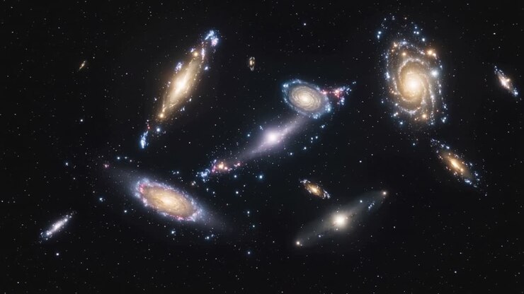 Showing galaxy group shifting light and bridge during deep-space pan with golden and bluish spirals