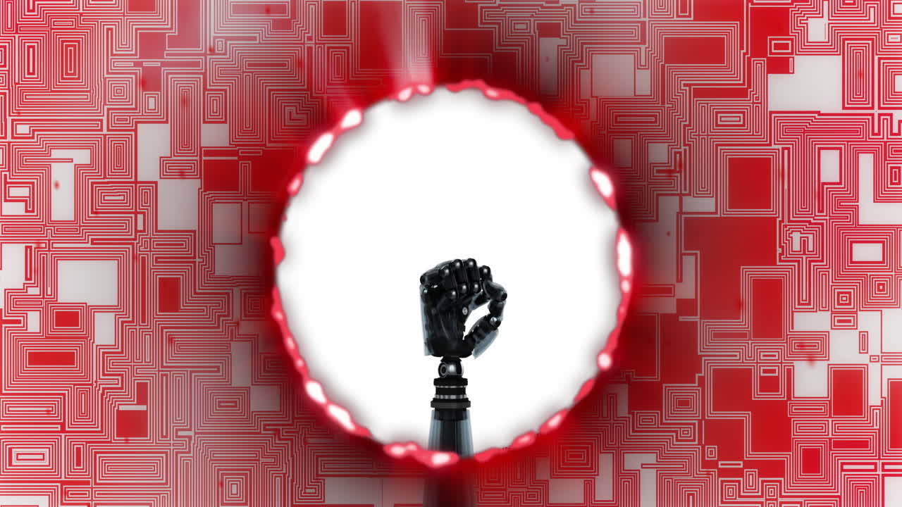 mano robótica en el puño gesto sobre el patrón de circuito rojo animación