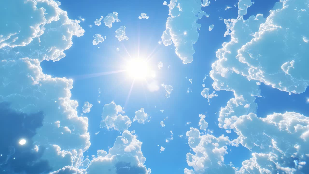 A breathtaking upward angle captures fluffy clouds framing the sun in a vibrant blue sky