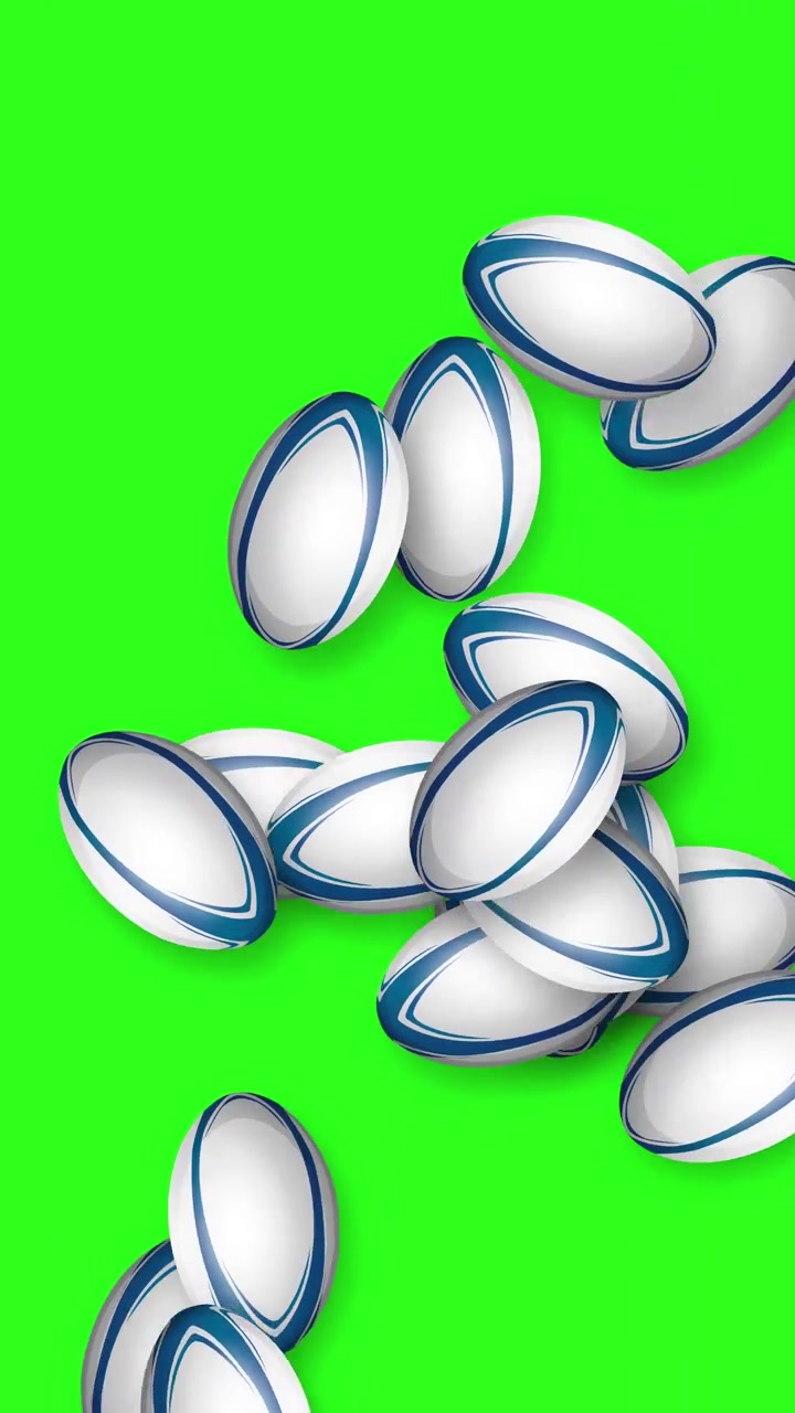 Diverse palle da rugby cadono e rimbalzano in un loop verticale su uno sfondo green screen